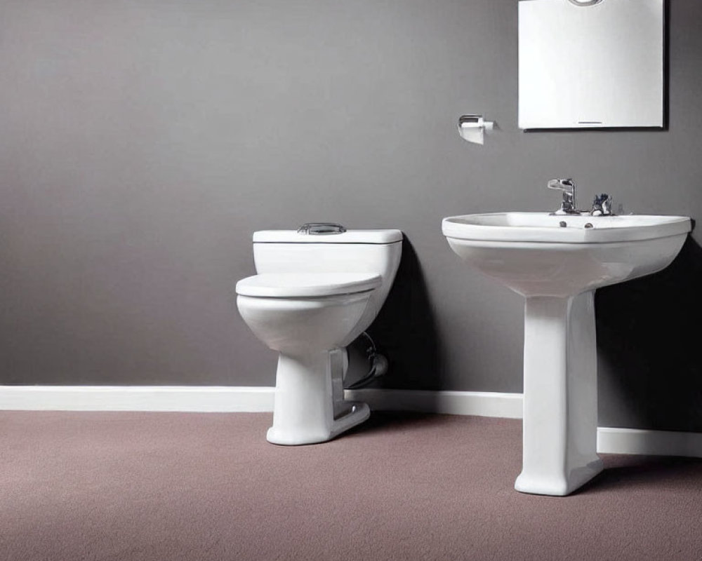 Minimalist Bathroom with White Toilet, Pedestal Basin, Grey Wall, and Plush Brown Carpet