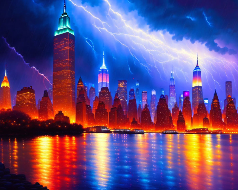City skyline at night with stormy sky and lightning bolts reflected in water
