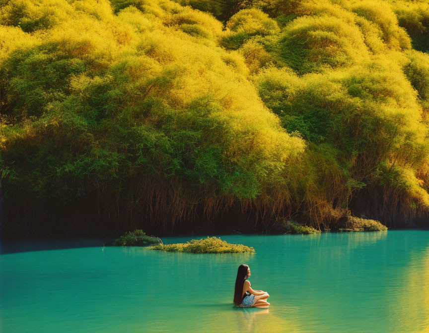 Tranquil person in shallow blue waters surrounded by lush golden foliage