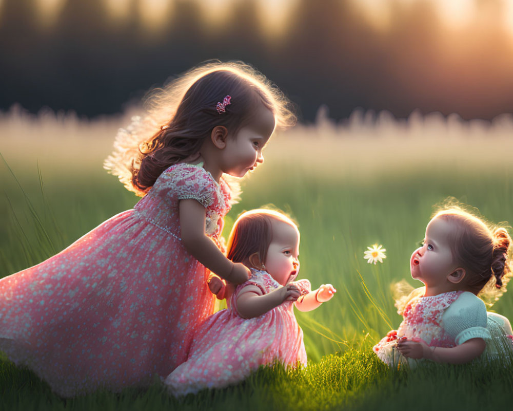 Three young girls in pink dresses in sunlit field, one standing and two sitting, one holding d