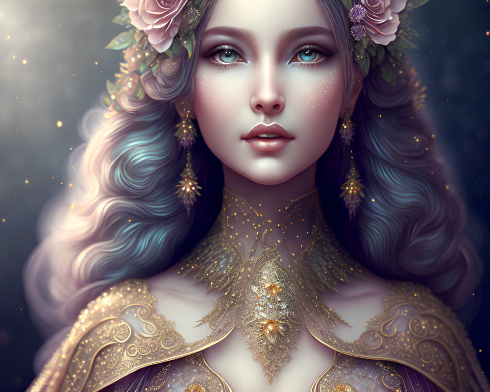 Fantasy-inspired portrait of a woman with pastel-colored hair and gold jewelry