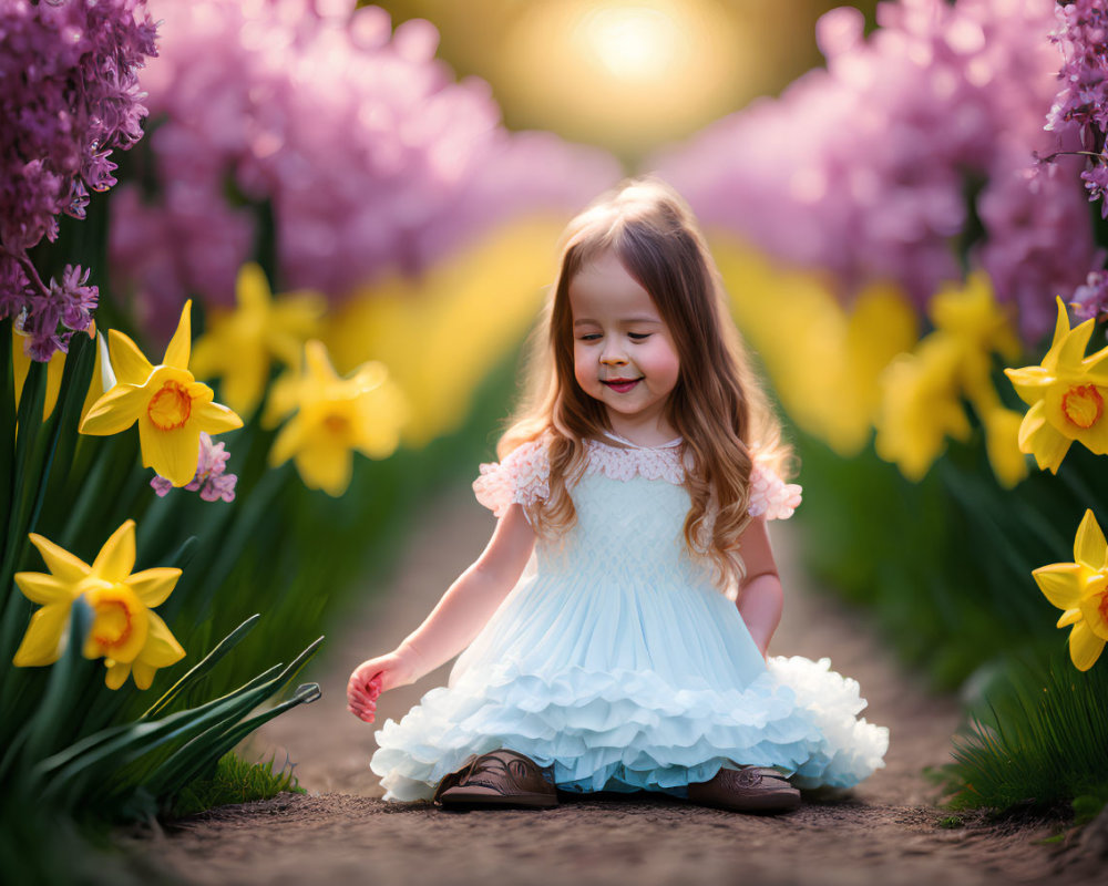 Young girl in blue dress surrounded by blooming daffodils and pink flowers under soft sun