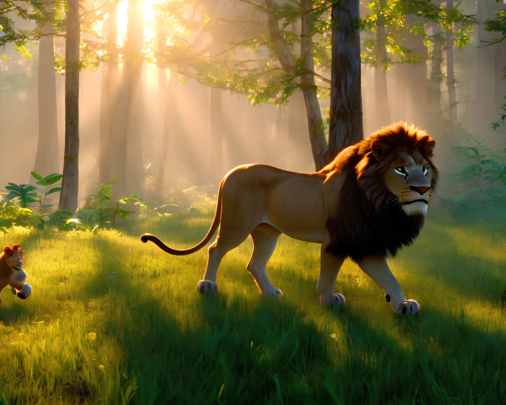 Animated lion and cub in sunlit forest scene