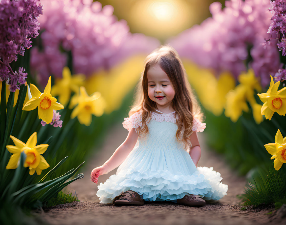 Young girl in blue dress surrounded by blooming daffodils and pink flowers under soft sun