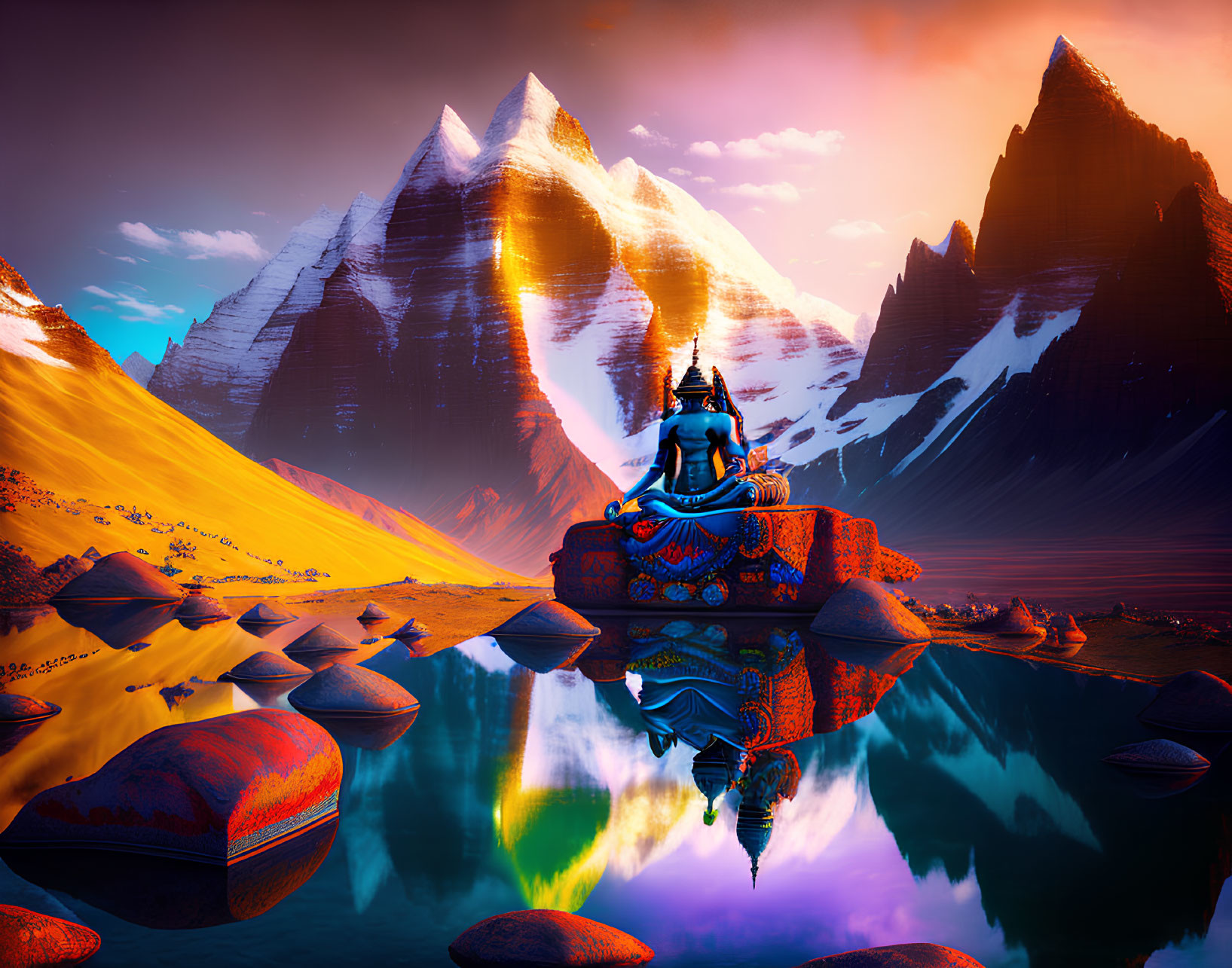 Surreal landscape with meditating figure, reflective lake, vibrant sunset, mountains, rocks