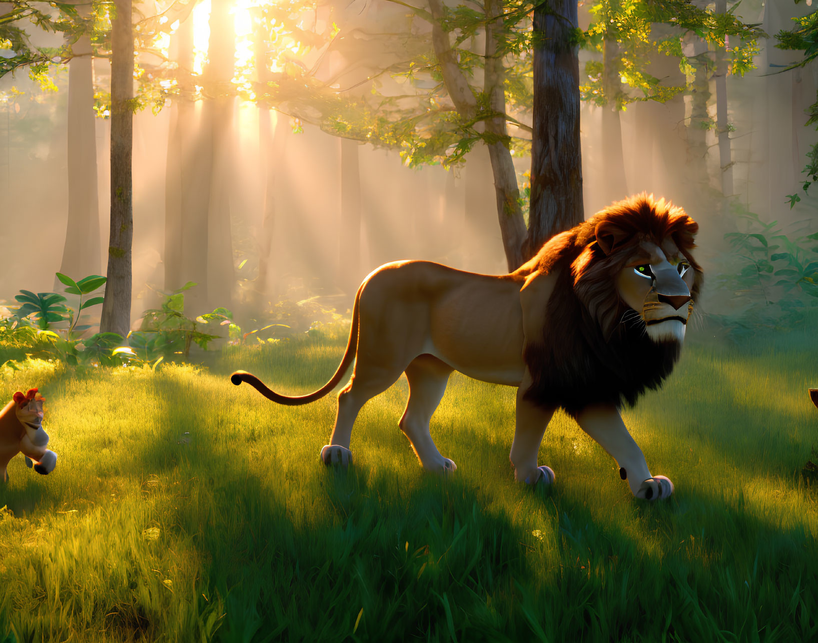 Animated lion and cub in sunlit forest scene