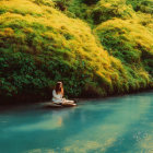 Tranquil person in shallow blue waters surrounded by lush golden foliage