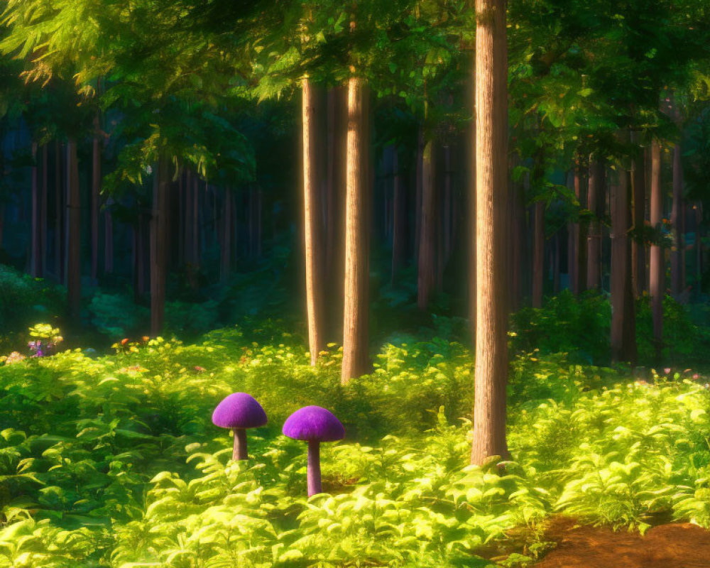 Tranquil forest landscape with vibrant purple mushrooms and sunlight filtering through trees