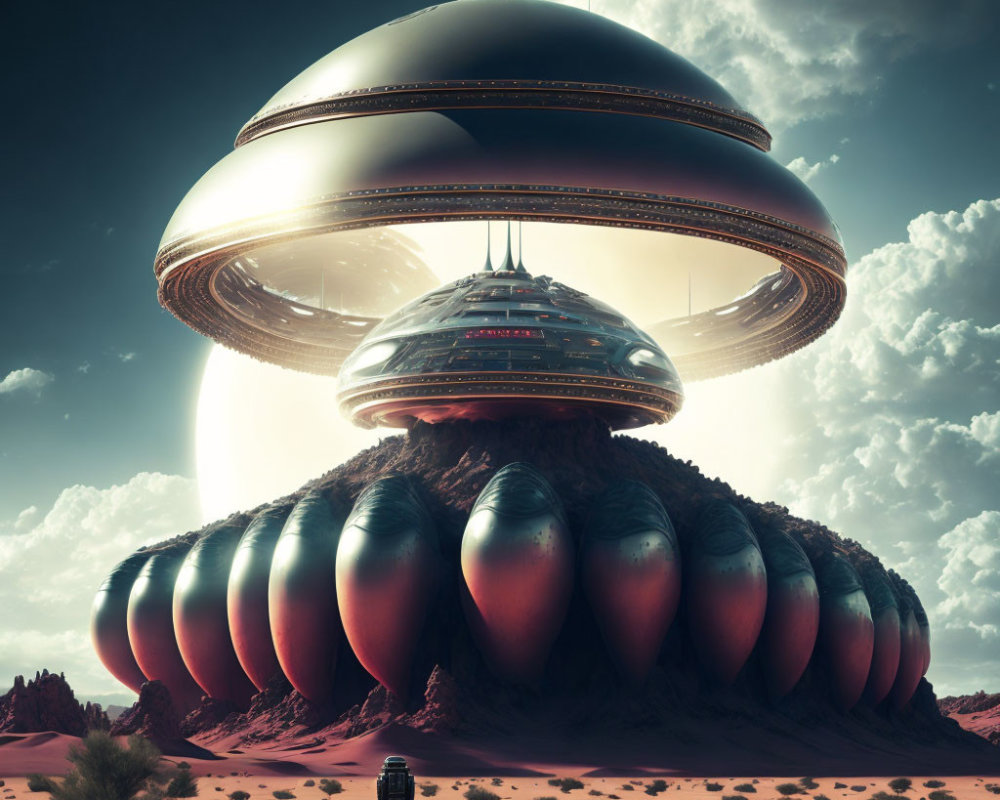 Futuristic spaceship with spherical sections in desert
