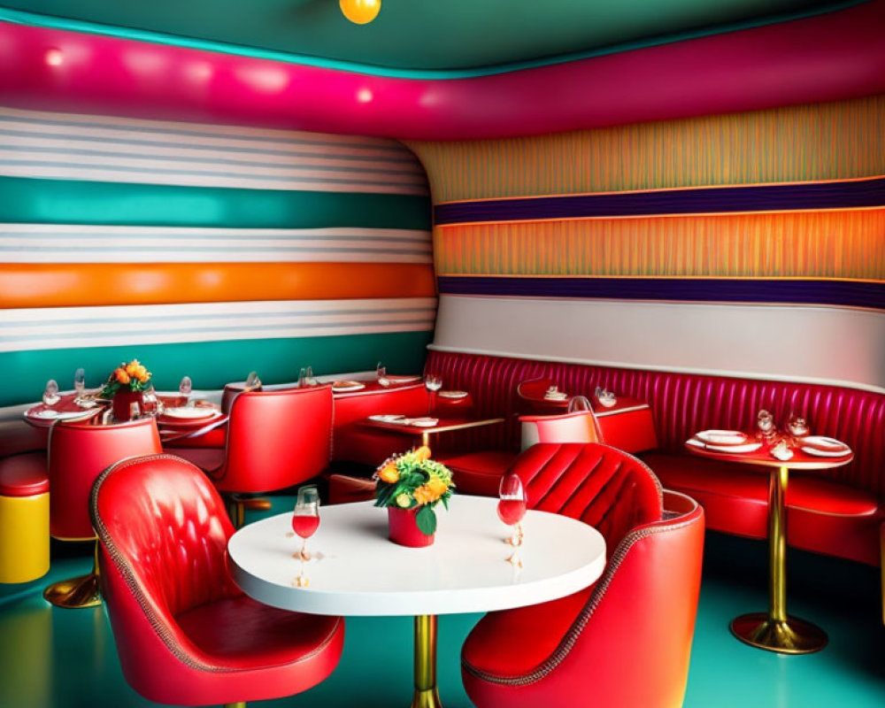 Colorful Retro-Style Diner with Striped Walls and Red Leather Seats