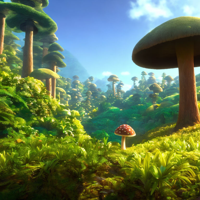 Enchanting forest scene with towering mushrooms and lush greenery