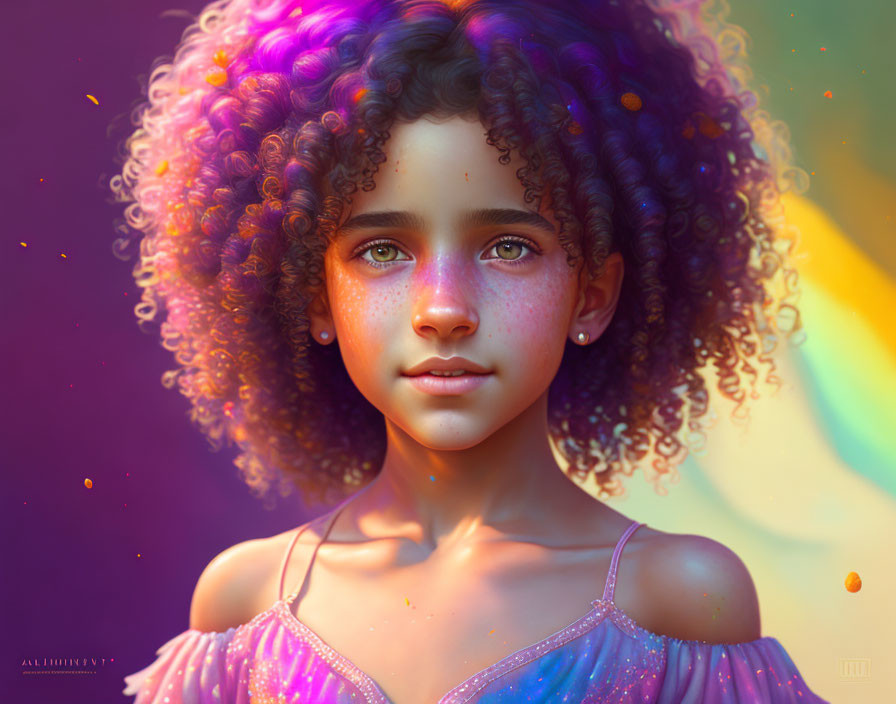Young girl with green eyes and curly purple hair on colorful backdrop with bokeh effect.