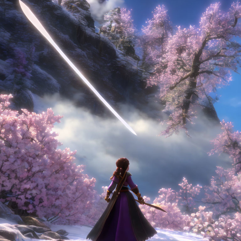 Character with sword in cherry blossom scenery under mountain cliff with streak in sky
