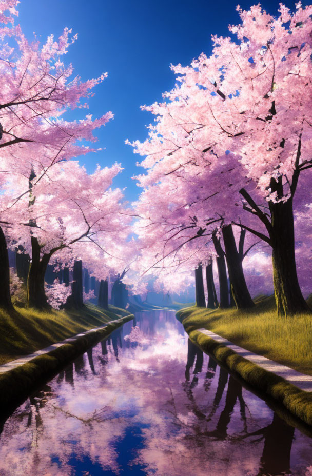 Tranquil water canal with vibrant pink cherry blossoms and lush green grass