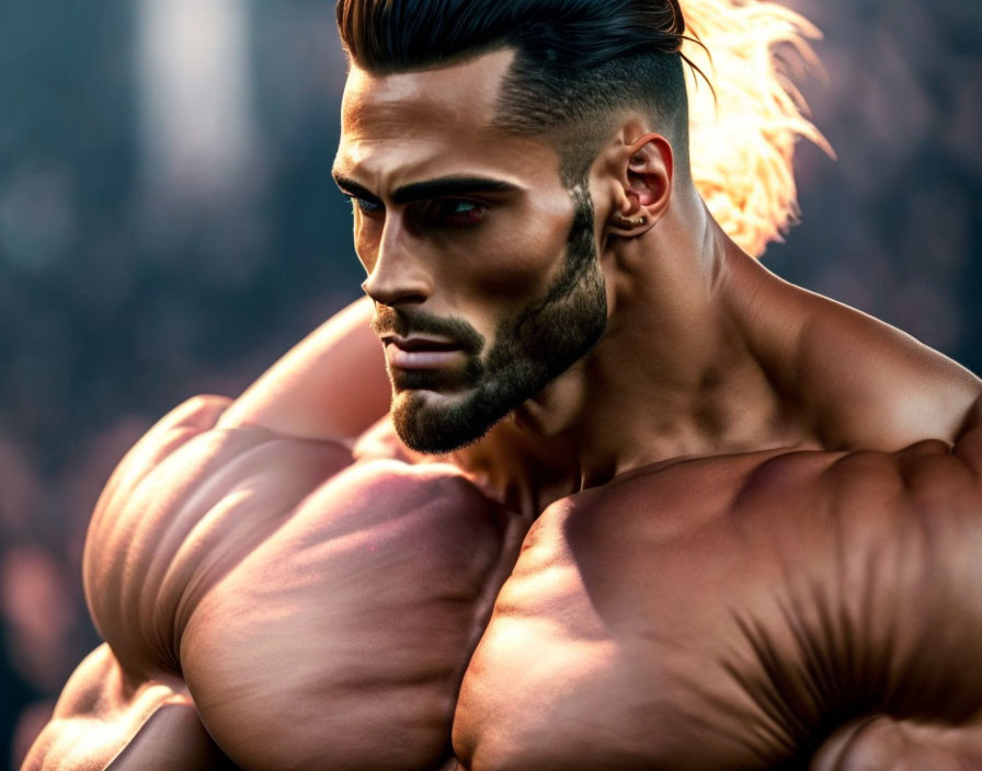 Muscular Man with Beard and Styled Hair Flexing Defined Biceps in Dramatic Lighting