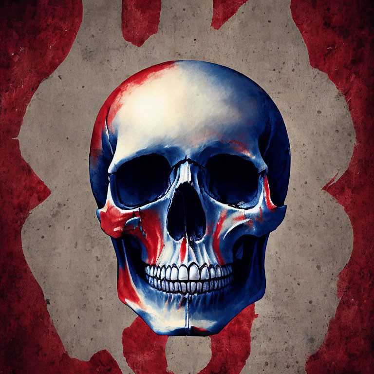 Skull painted with split French flag colors on grungy background
