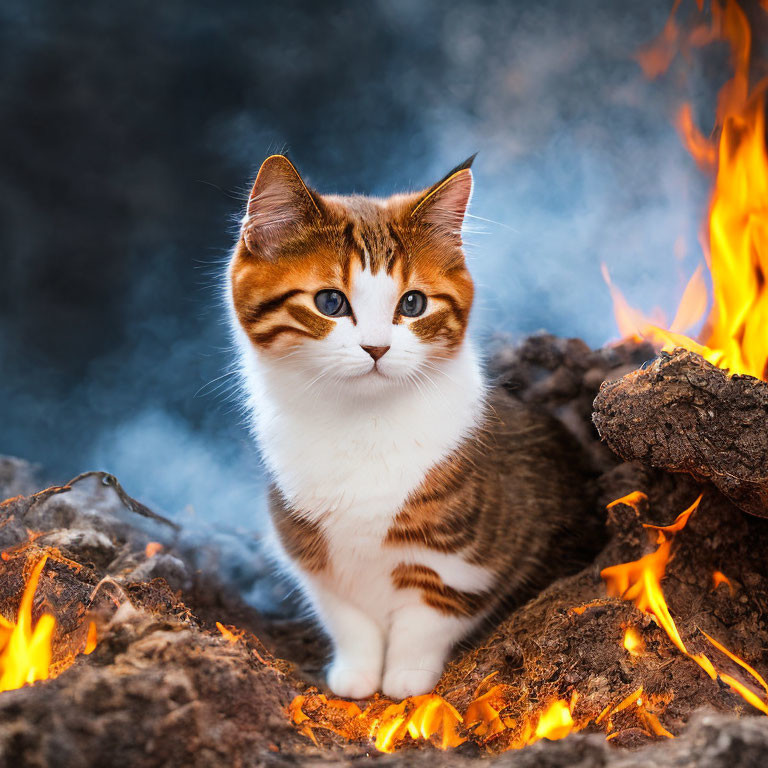 Curious kitten with white, orange, and black fur among rocks with flames and smoke.