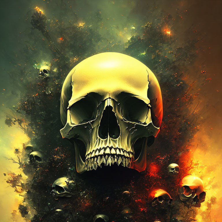 Digital Artwork: Central Skull Surrounded by Small Skulls in Fiery Background
