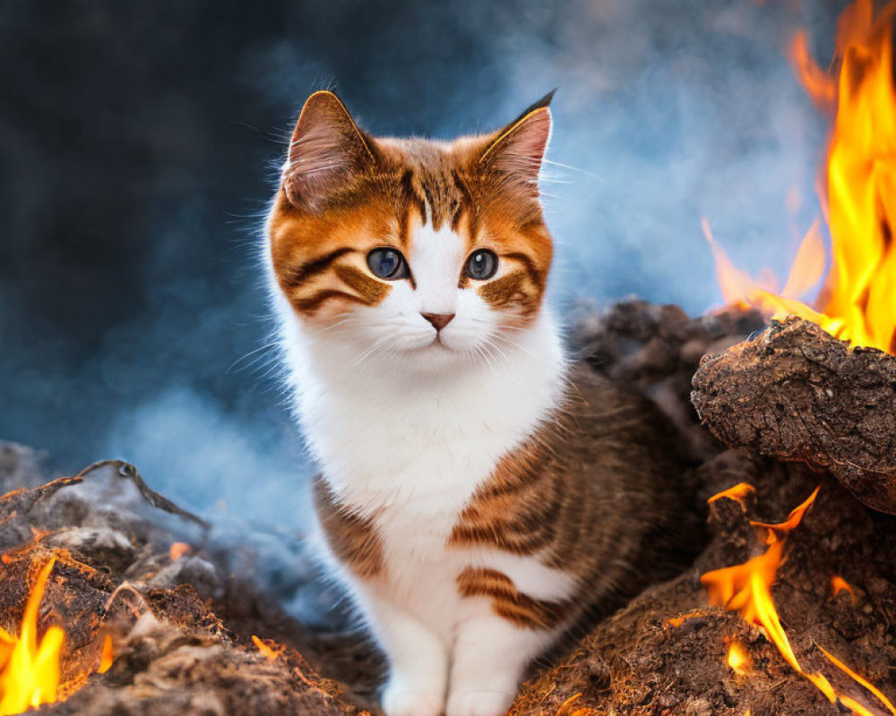Curious kitten with white, orange, and black fur among rocks with flames and smoke.