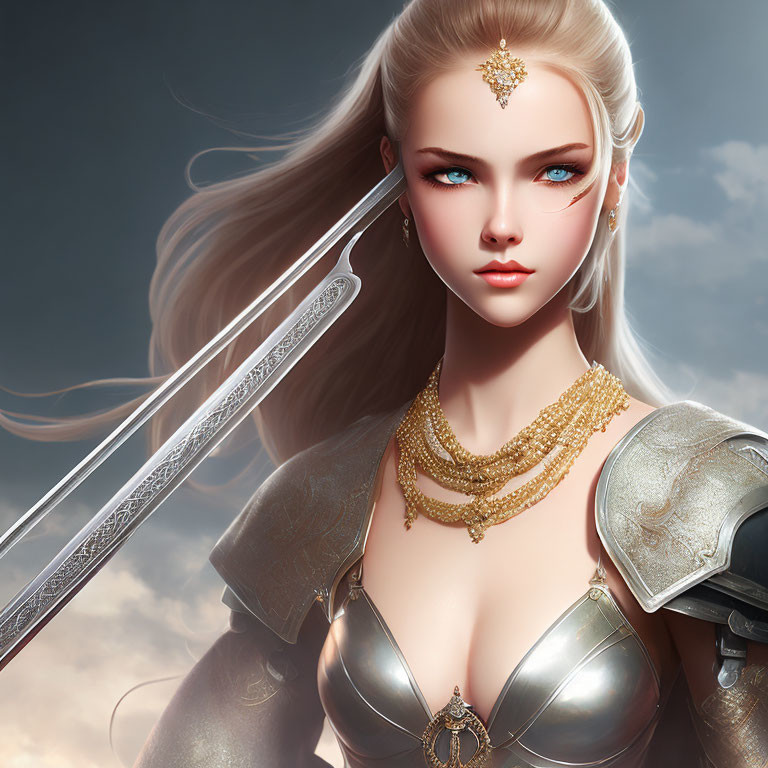 Fantasy digital artwork of a female warrior with blue eyes, blonde hair, golden jewelry, and intricate