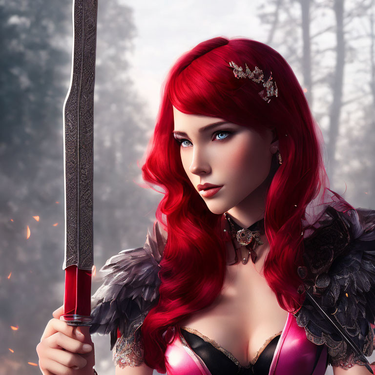 Vibrant red-haired woman with sword in misty forest setting
