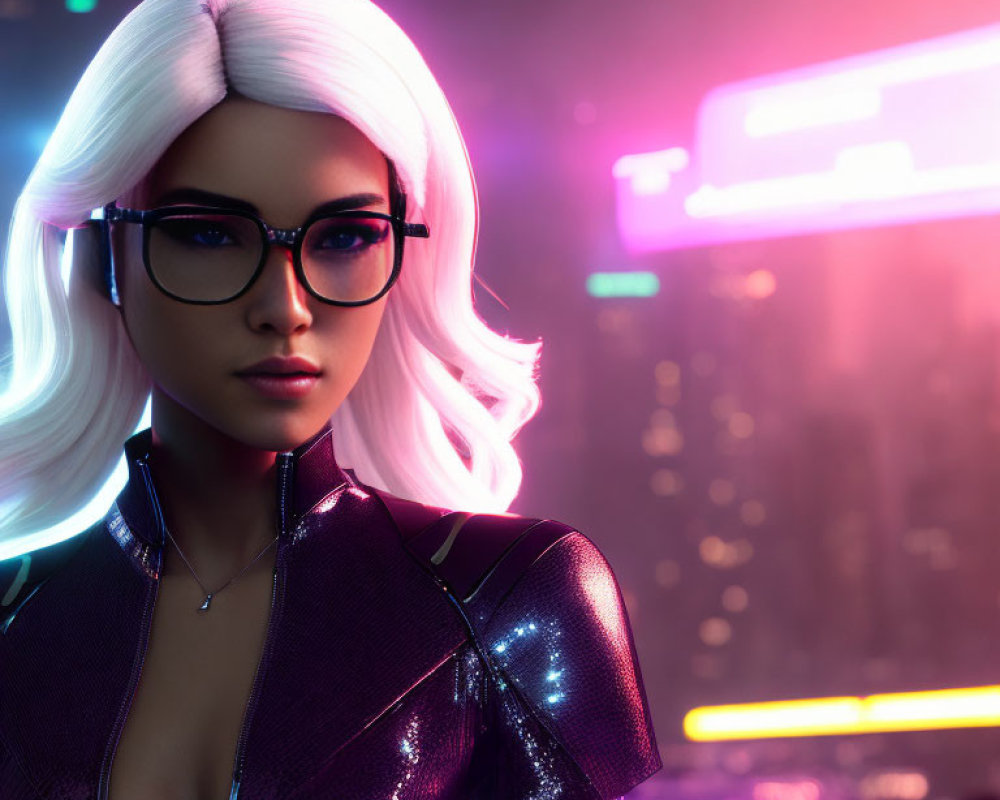 Futuristic white-haired woman in glasses with neon cityscape