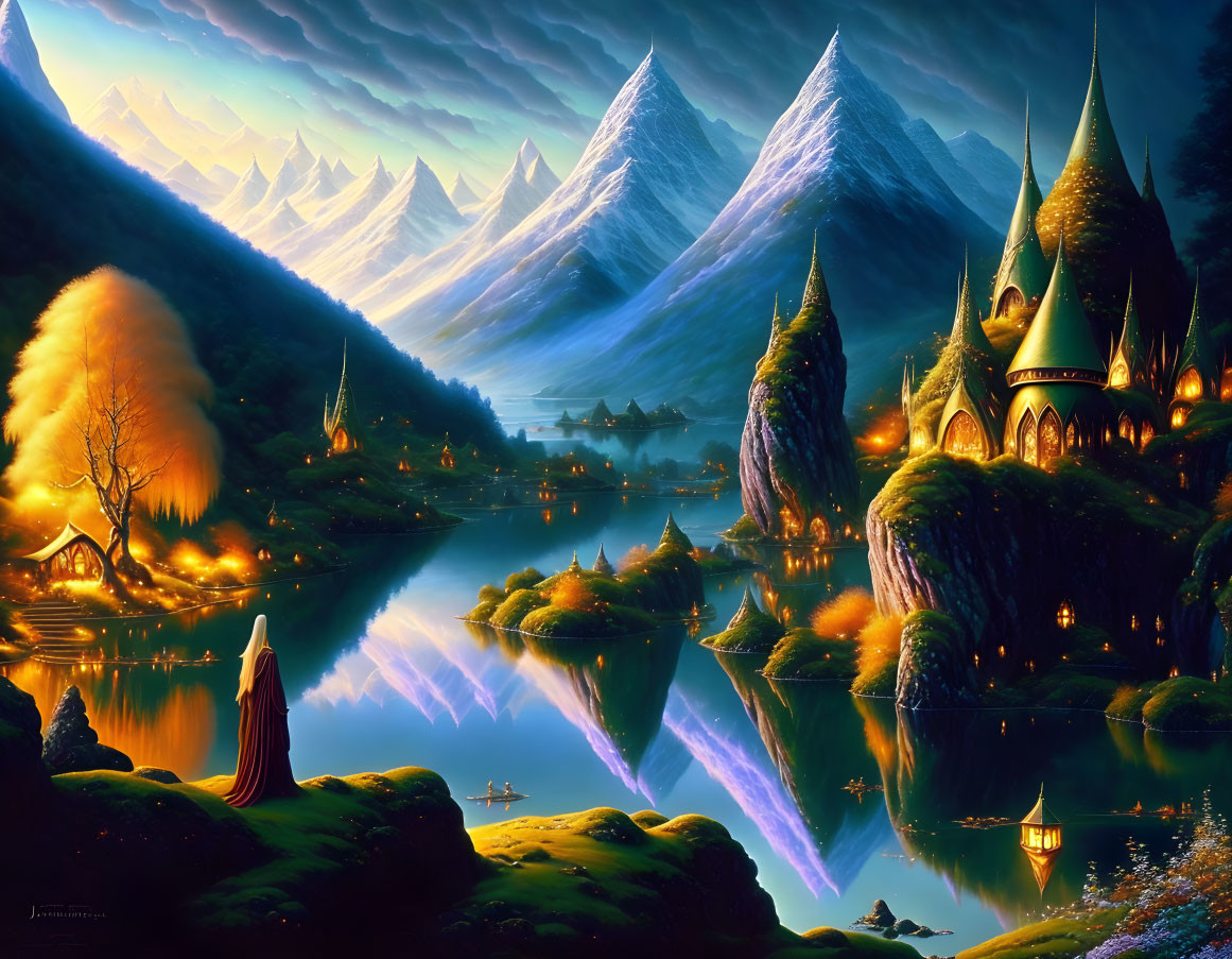 Fantastical landscape with mountains, lake, castles, and cloaked figure in magical glow