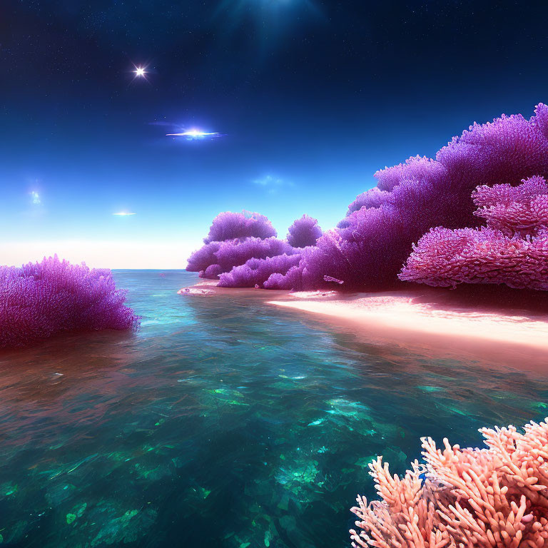 Serene beach scene with vibrant purple coral formations and clear blue waters
