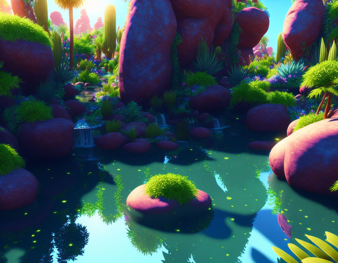 Colorful alien landscape: luminescent vegetation, oversized boulders, tranquil pond under twilight sky