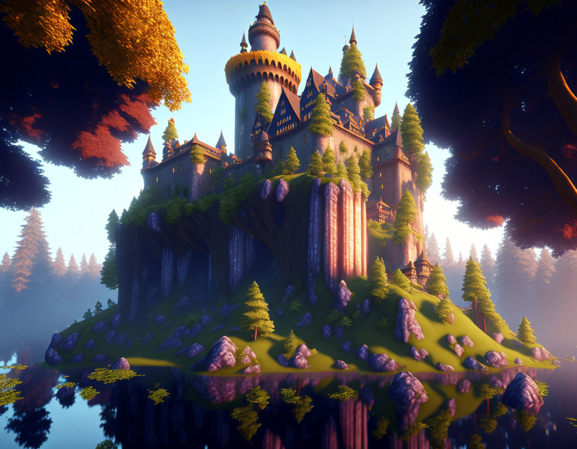 Majestic castle on cliff in lush forest at twilight