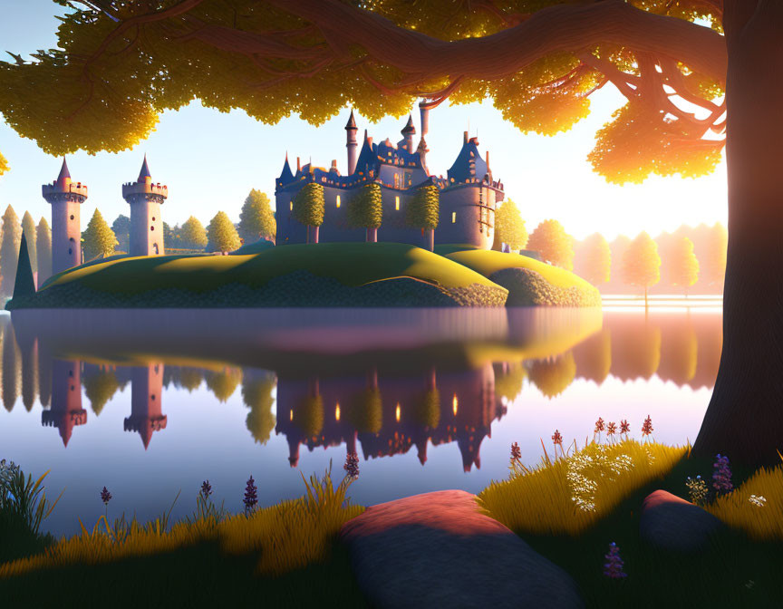 Castle with Spired Towers on Island Reflected in Sunset Lake