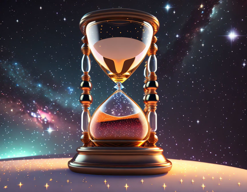 Intricate hourglass with flowing sand on cosmic background.