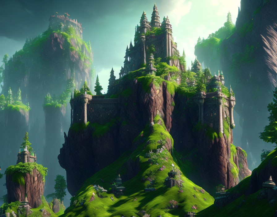 Green cliffs with ancient castle ruins in misty forest setting