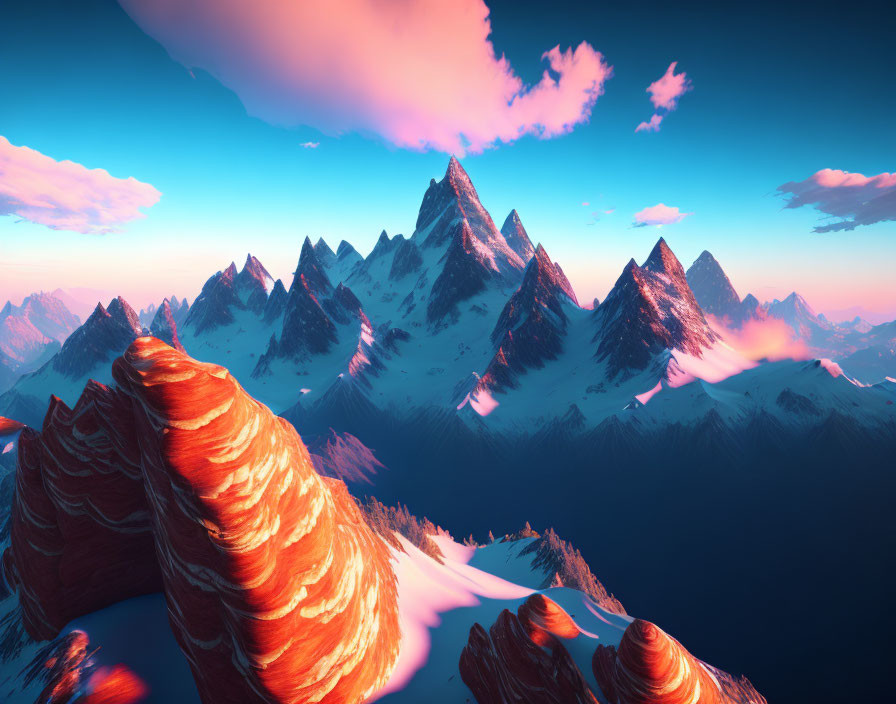 Digital landscape: Radiant sunset skies over snow-capped mountains and red rock formations