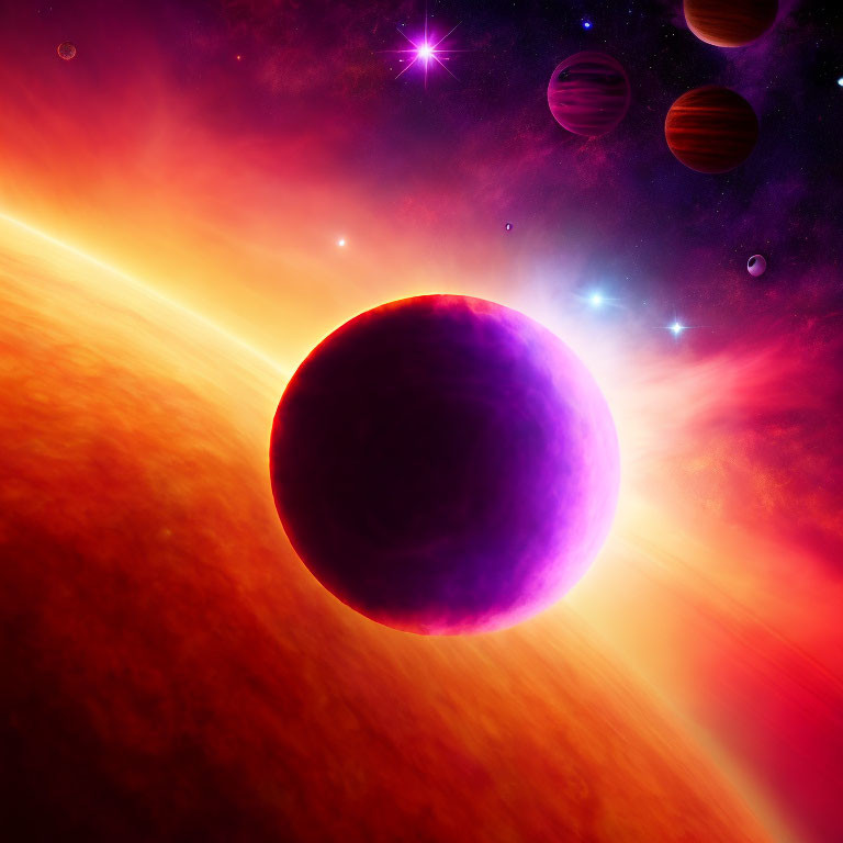 Colorful cosmic scene with purple planet and celestial bodies.