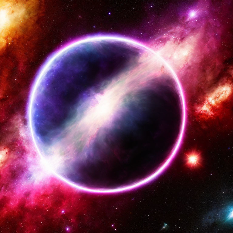 Colorful planet with pink halo in cosmic space: purple, blue, red, and blue nebula
