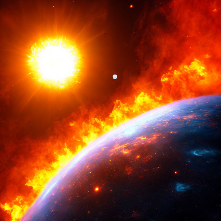 Colorful cosmic scene with sun, planet, and nebula.