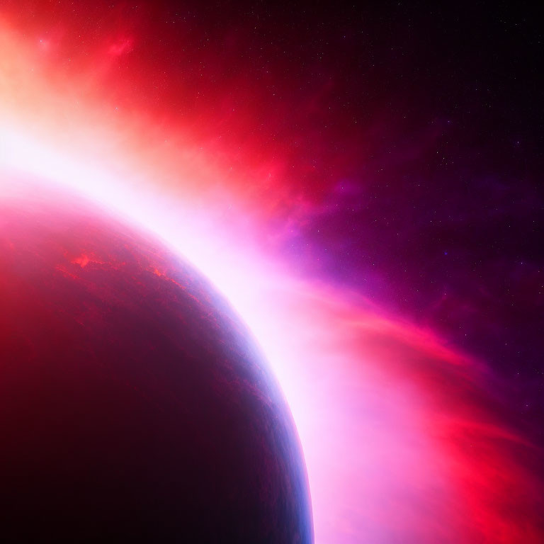 Planet's Curved Horizon Against Starry Space Background with Pink and Purple Nebula Glow