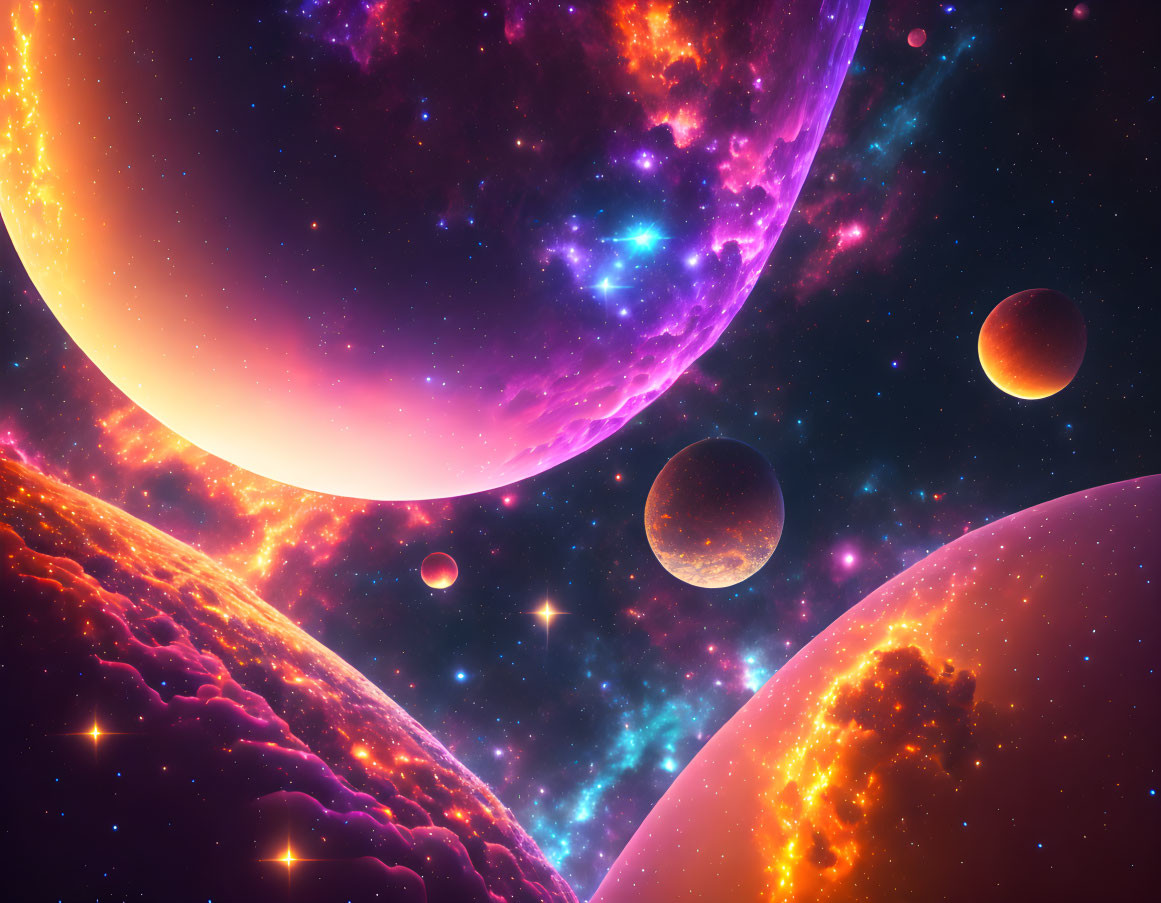 Colorful Cosmic Scene with Planets and Stars in Nebula Background