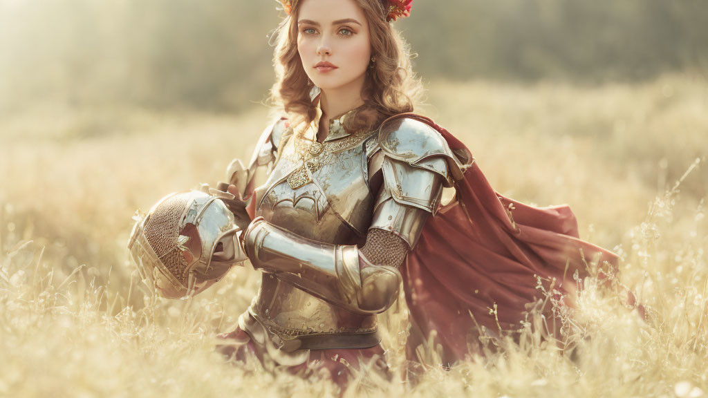 Medieval armored woman with red cloak in sunlit field holding helmet