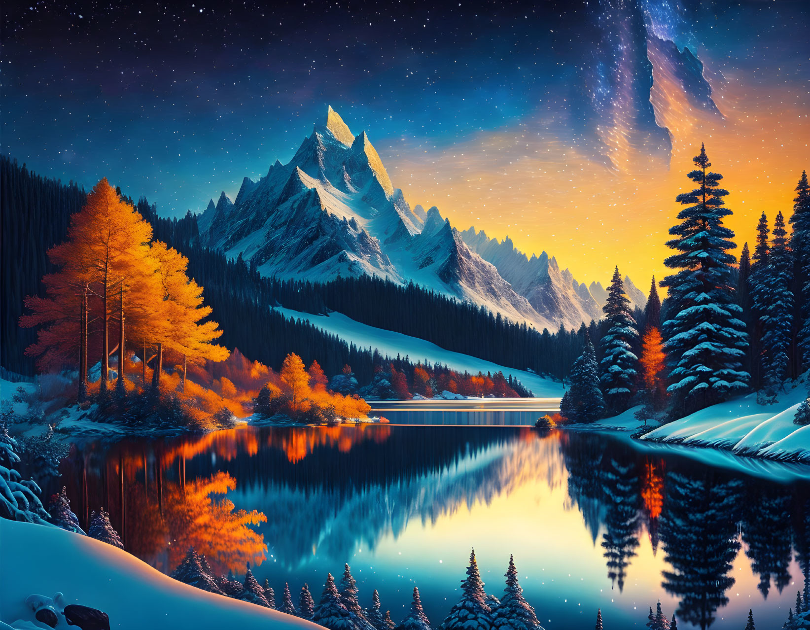 Winter Night Landscape: Reflective Lake, Snow-Covered Pines, Autumn Trees, Mountain,