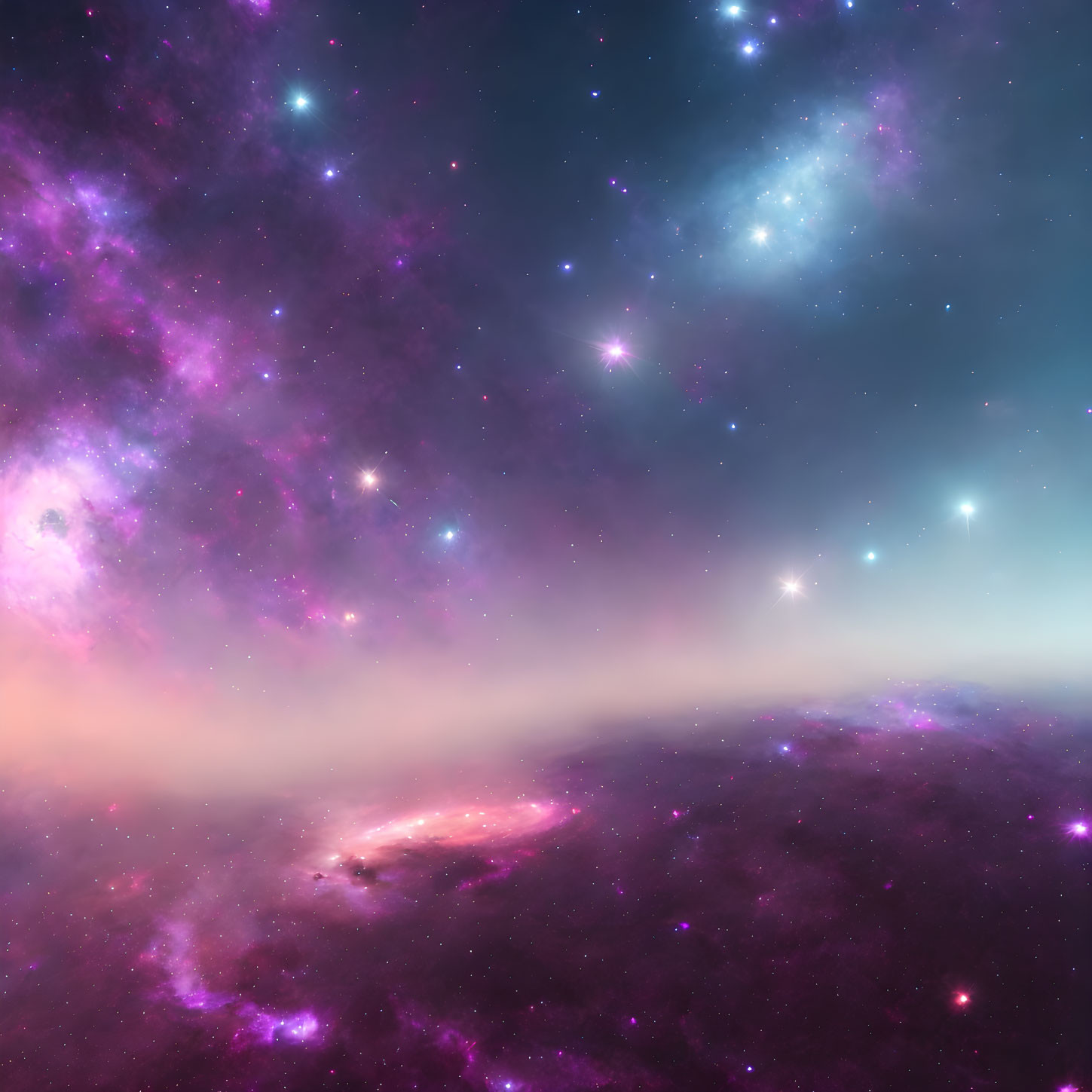 Colorful outer space scene with purple and pink nebulous clouds and glowing celestial bodies