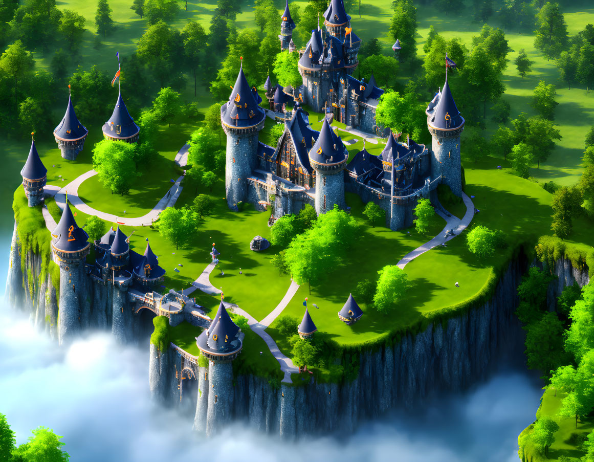Fantasy castle with blue rooftops on cliff in misty green setting
