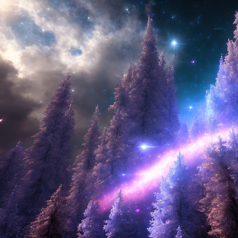 Surreal evergreen trees under starry night sky with vibrant galactic swirl