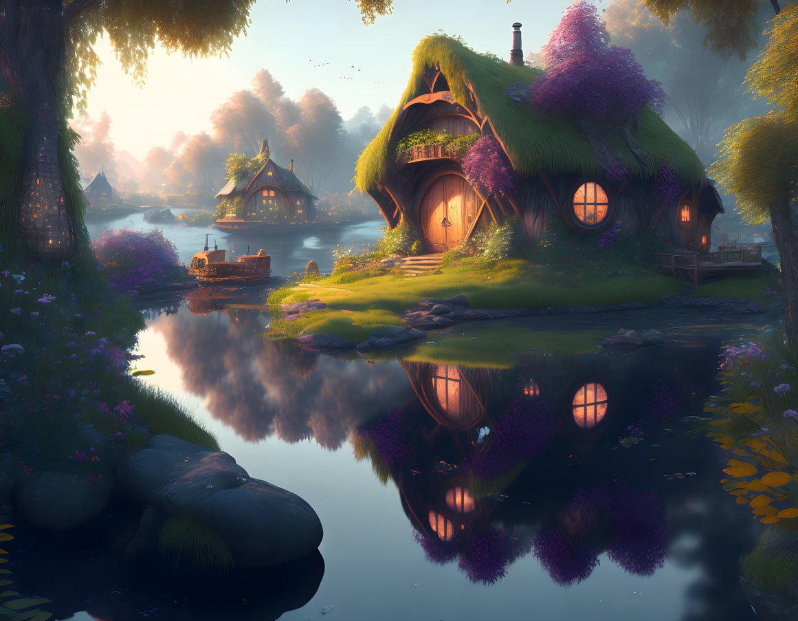 Tranquil fairytale landscape: thatched-roof cottage by a serene lake at sunset