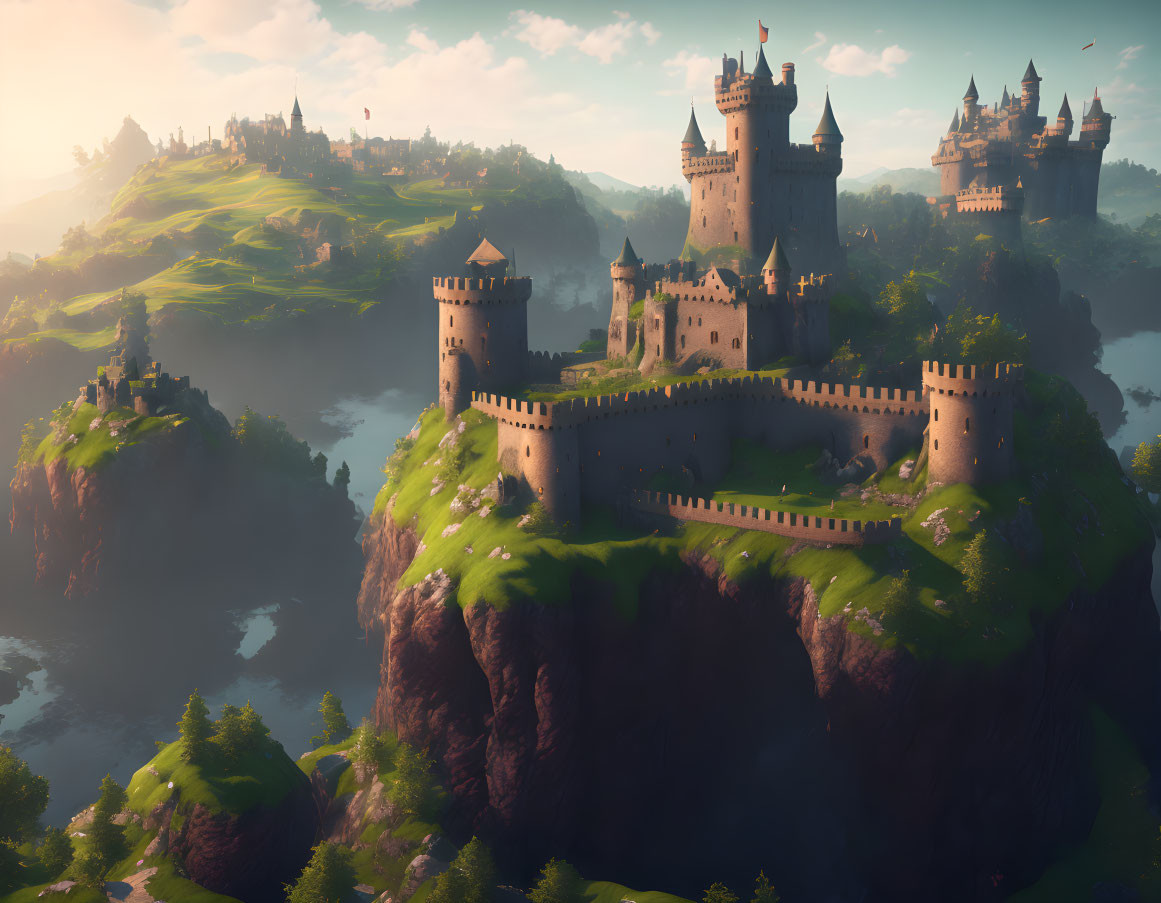 Medieval castle on cliffside at sunrise