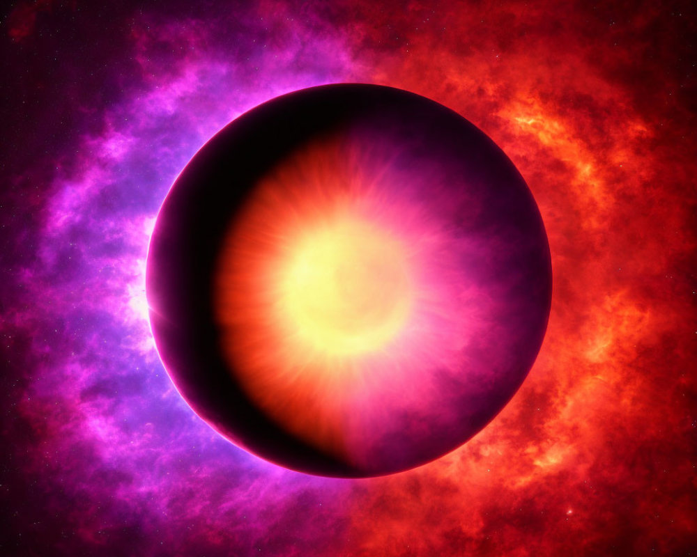 Colorful celestial scene with glowing sphere and interstellar clouds.