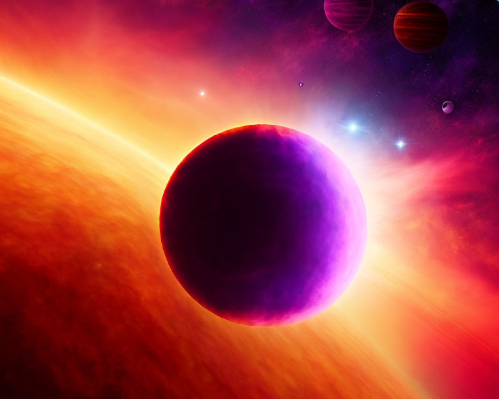 Colorful cosmic scene with purple planet and celestial bodies.