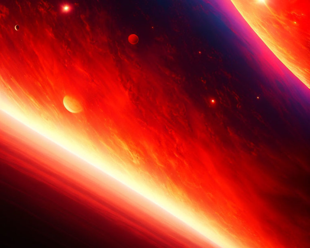 Colorful cosmic scene with fiery hues and celestial bodies illuminated