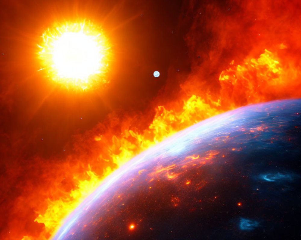 Colorful cosmic scene with sun, planet, and nebula.
